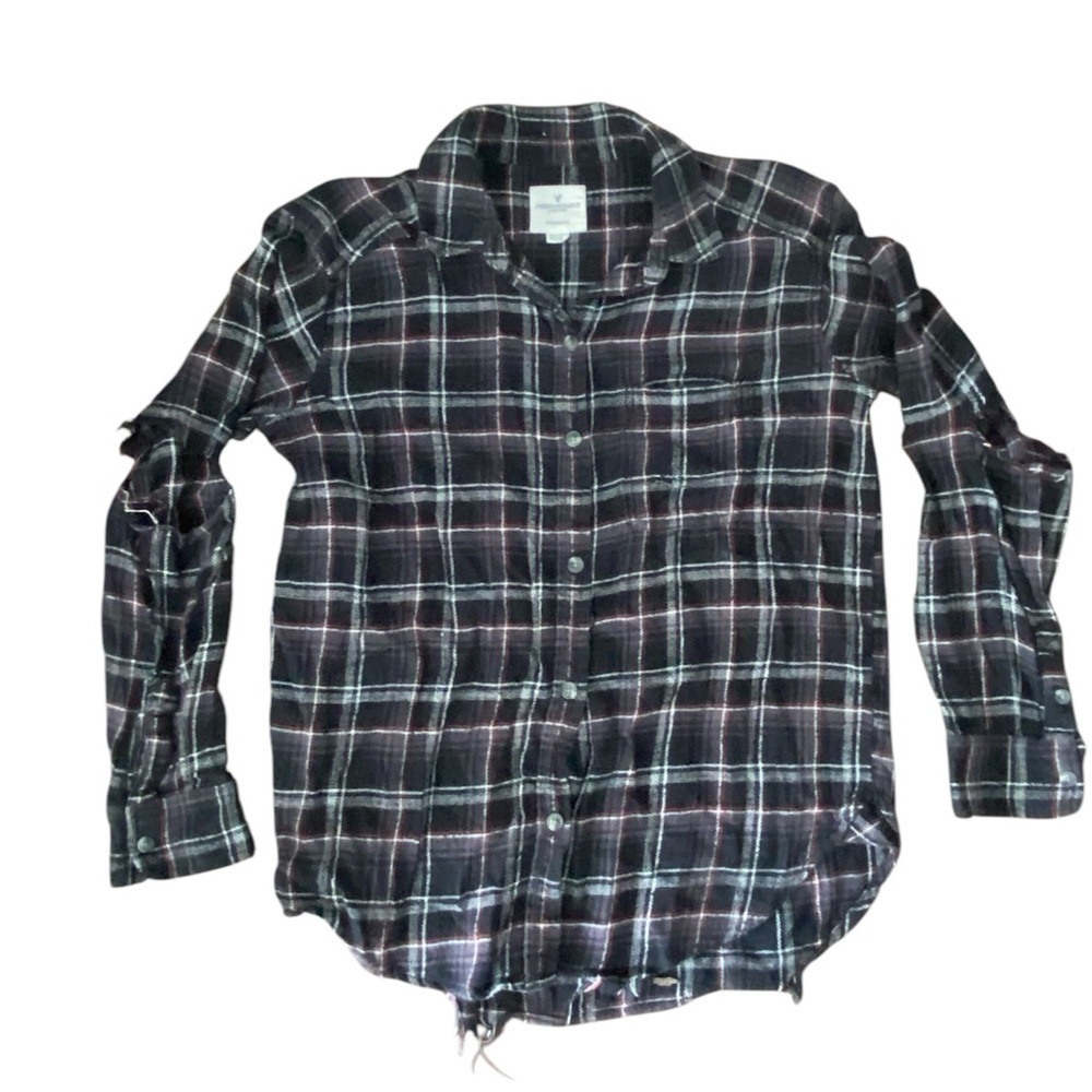 American Eagle Black White Plaid Oversized Button Up Shirt XS - Picture 1 of 12